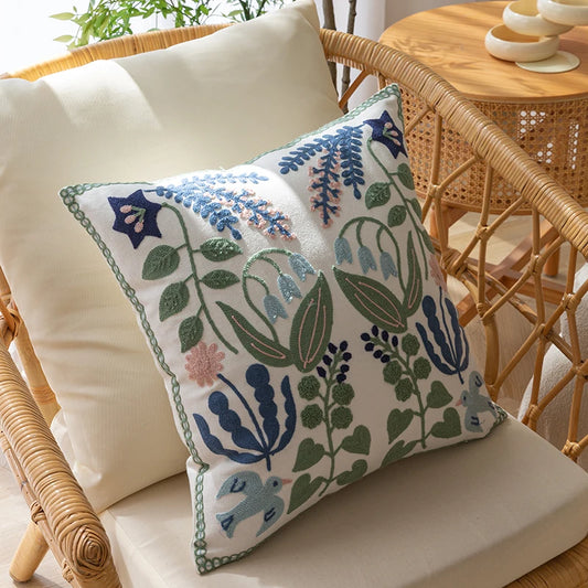 Embroidered Cushion Cover - Bluebells and Bluebirds