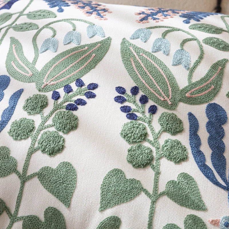 Embroidered Cushion Cover - Bluebells and Bluebirds
