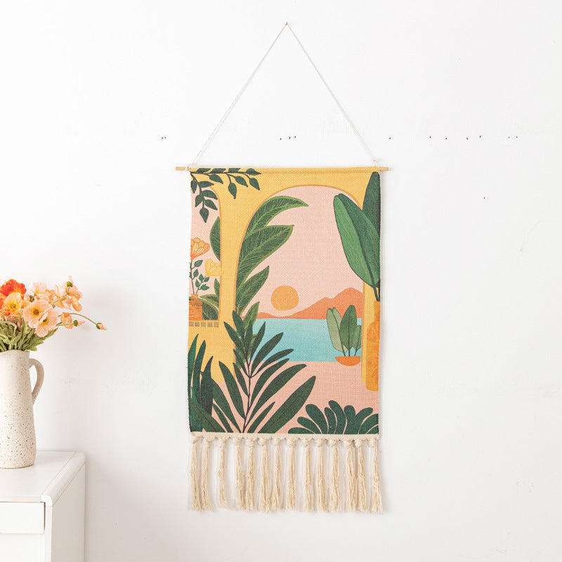 Wall Tapestry Macrame Mural Hanging with cotton tassels. Modern design of Capri holiday vacation inspired views of sea, sun and house plants.